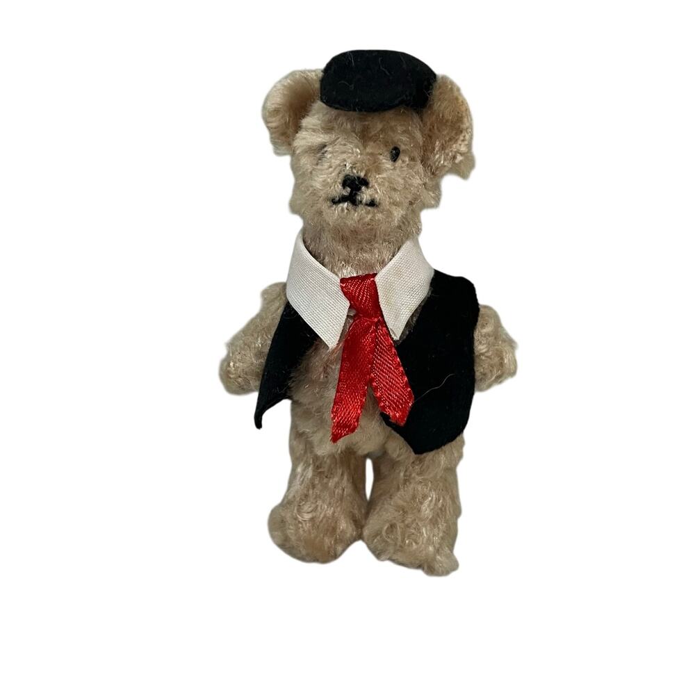 Vintage Miniature Mohair Teddy Bear Gladys Vest Hat Red Tie Dollhouse Scale